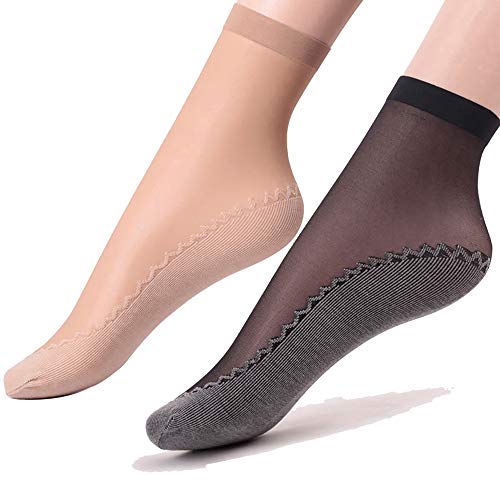 Ueither 6 Pares de Calcetines Altos con Punta Reforzada Algodón Sedoso Antideslizante Para Mujer (4 Pares Beige 2 Pares Negro)
