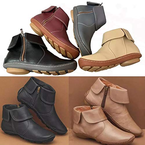 UMore Botines de Cuero Otoño Vintage con Cordones Zapatos de Mujer Botas cómodas de tacón Plano Cremallera Bota Alto Botas de Apoyo de Arco 2021 para Mujeres