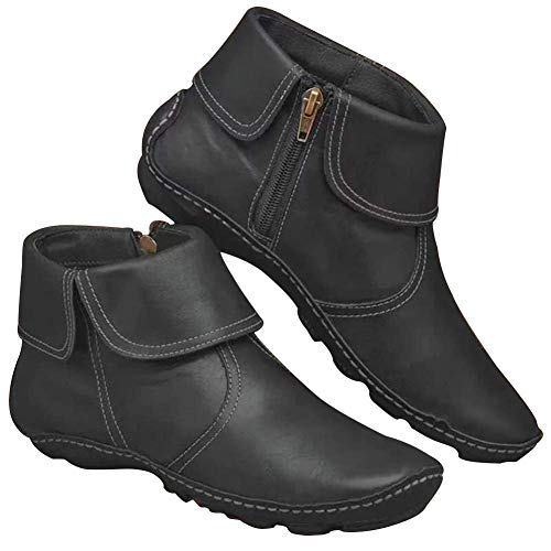 UMore Botines de Cuero Otoño Vintage con Cordones Zapatos de Mujer Botas cómodas de tacón Plano Cremallera Bota Alto Botas de Apoyo de Arco 2021 para Mujeres