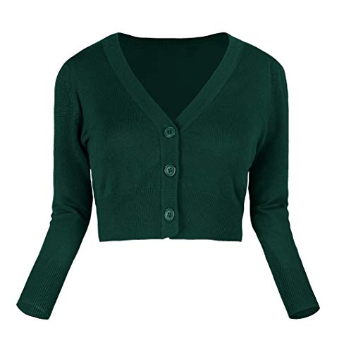Urban GoCo Mujeres Chaqueta Corta Punto de Manga Larga Rebecas Escote en V Bolero Cárdigan (XL, Verde Oscuro)