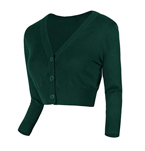 Urban GoCo Mujeres Chaqueta Corta Punto de Manga Larga Rebecas Escote en V Bolero Cárdigan (XL, Verde Oscuro)
