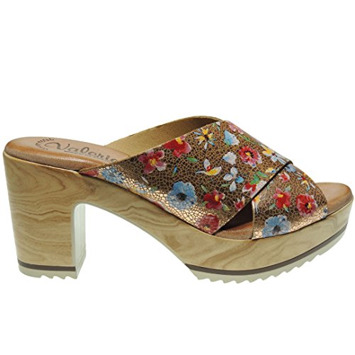 Valeria's 4104 Sandalia Zueco Plataforma de 3 Cm y Tacón de 8 Cm Planta Gel para Mujer Cobre Talla 41
