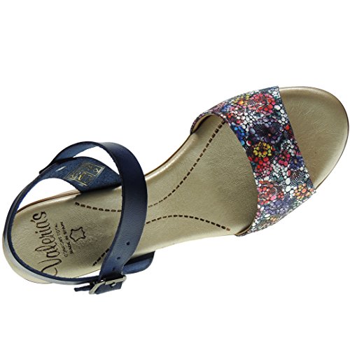 VALERIA'S 4111 Sandalia Piel Tacón Ancho 7Cm Pulsera Hebilla y Planta de Gel para Mujer Marino Talla 37