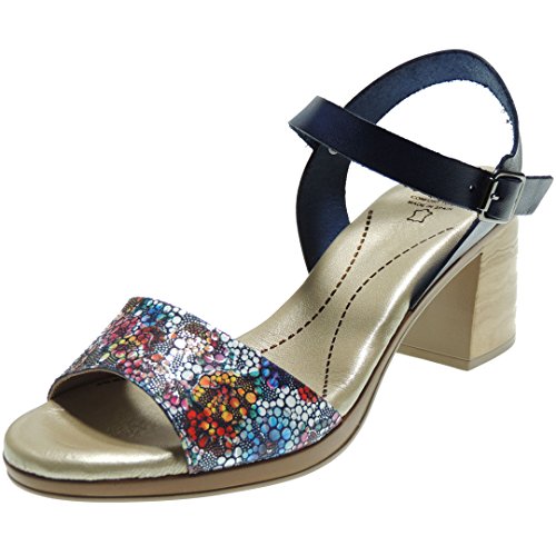 VALERIA'S 4111 Sandalia Piel Tacón Ancho 7Cm Pulsera Hebilla y Planta de Gel para Mujer Marino Talla 37