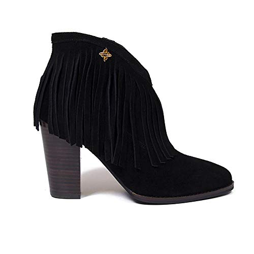 Vanessa London Shoes Nicole Botas de tobillo con flecos de ante negro, color Negro, talla 37 EU