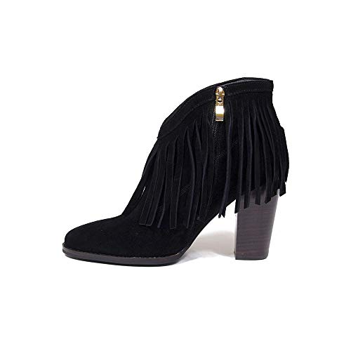 Vanessa London Shoes Nicole Botas de tobillo con flecos de ante negro, color Negro, talla 37 EU