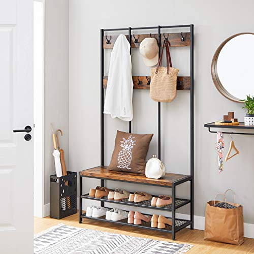 VASAGLE Perchero con Zapatero, Perchero Grande con 12 Ganchos y Banco de Zapatos, Diseño Industrial, Estante Multifuncional para Pasillo, Oficina, Dormitorio, Acero, Marrón Rústico y Negro HSR86BX