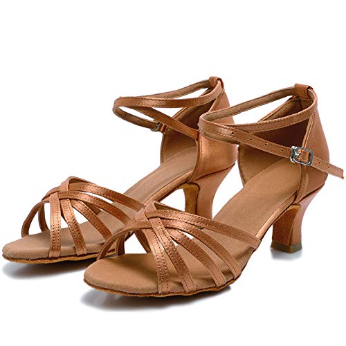 VASHCAME-Zapatos de Baile Latino de Tacón Alto/Medio para Mujer Marrón 39 (Tacón-5cm)