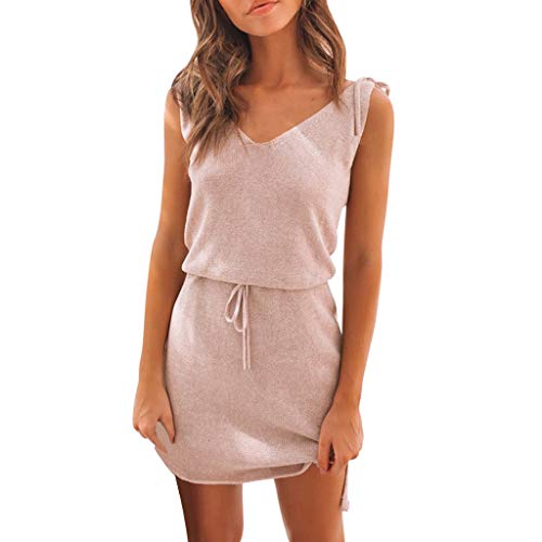 Vestido de Punto para Mujer, Dragon868 Mini Vestidos Cortos con Vendaje, Cuello En V Sin Respaldo Vestido de Playa, Vestidos Desigual Mujer Verano, Vestidos Casual con Cinturón