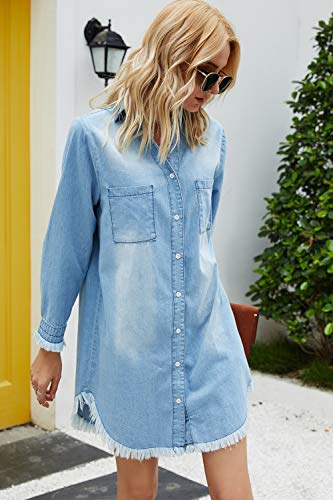 Vestidos Camisero de Denim para Mujer De Manga Larga Borlas Jeans Vestido Casual con Botones Azul Claro S