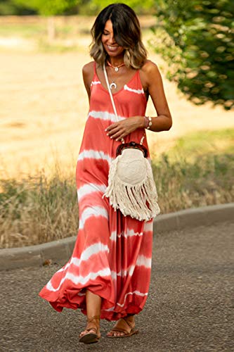 Vestidos Mujer Casual Playa Largos Verano Tie Dye Vestido Boho Sin Mangas Maxi Vestido Tirantes Playa Verano Rojo XL