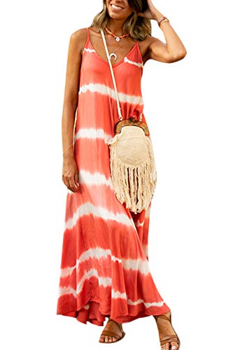 Vestidos Mujer Casual Playa Largos Verano Tie Dye Vestido Boho Sin Mangas Maxi Vestido Tirantes Playa Verano Rojo XL