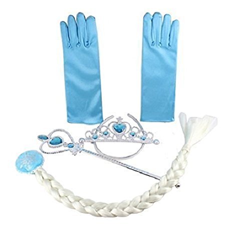 Vicloon 5pcs Conjunto con Accesorios de Princesa del Hielo Elsa con Trenza/Corona/Sceptre/Anillo/Pendientes/Guantespara niña, 2-9 años（Azul)