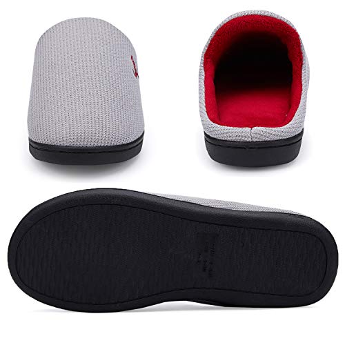 VIFUUR Hombre Zapatillas de casa Espuma de Memoria de Alta Densidad Cálido Interior Lana al Aire Libre Forro de Felpa Suela Antideslizante Zapatos Gris/Rojo 42/43