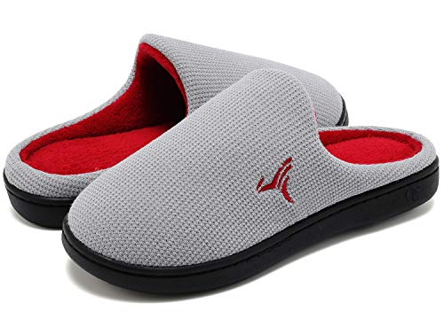 VIFUUR Hombre Zapatillas de casa Espuma de Memoria de Alta Densidad Cálido Interior Lana al Aire Libre Forro de Felpa Suela Antideslizante Zapatos Gris/Rojo 42/43