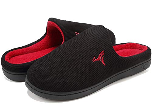 VIFUUR Hombre Zapatillas de casa Espuma de Memoria de Alta Densidad Cálido Interior Lana al Aire Libre Forro de Felpa Suela Antideslizante Zapatos Negro / Rojo1 40/41