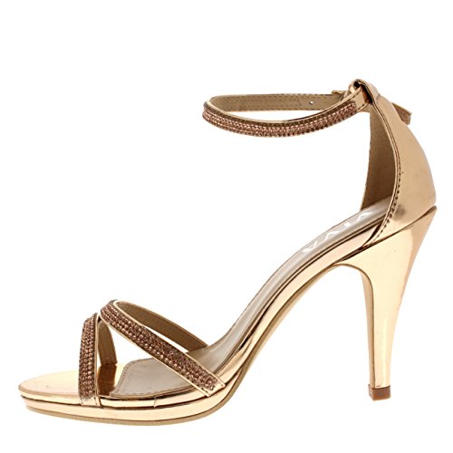 Viva Mujer Diamante Medio Talón Correa de Tobillo Boda Fiesta Metálico Sandalias Zapatos - Oro Rosa KL0311A 7UK/40