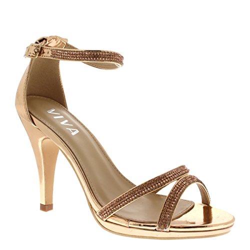 Viva Mujer Diamante Medio Talón Correa de Tobillo Boda Fiesta Metálico Sandalias Zapatos - Oro Rosa KL0311A 7UK/40