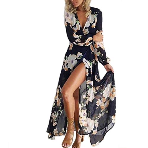 VJGOAL Moda para Mujer Sexy con Cuello en V Bohemia Retro Estampado Floral de Manga Larga Fiesta de Noche hasta el Tobillo Vestidos Largos (XL, Azul Marino)