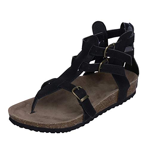 VJGOAL Sandalias de Mujer de Moda Color sólido Cinturón con Hebilla de tacón bajo Zapatos Planos de Verano Casual Chanclas de Punta Abierta en la Playa Sandalias Roma(37 EU,Negro)