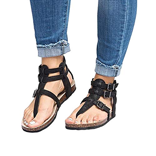 VJGOAL Sandalias de Mujer de Moda Color sólido Cinturón con Hebilla de tacón bajo Zapatos Planos de Verano Casual Chanclas de Punta Abierta en la Playa Sandalias Roma(37 EU,Negro)