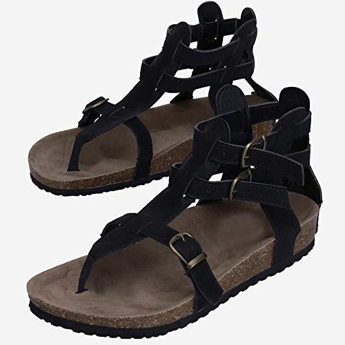 VJGOAL Sandalias de Mujer de Moda Color sólido Cinturón con Hebilla de tacón bajo Zapatos Planos de Verano Casual Chanclas de Punta Abierta en la Playa Sandalias Roma(37 EU,Negro)