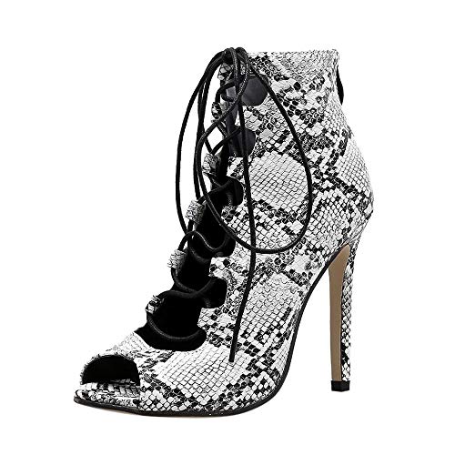 VJGOAL Sandalias para Mujer Moda Sexy Modelo de Piel de Serpiente Punta Abierta con Cordones Zapatos de tacón Muy Alto Tacones Finos Sandalias Tacón de Aguja(36 EU,Negro)