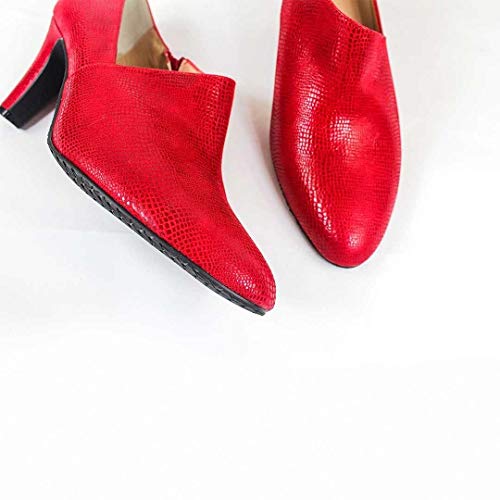 VOFICE - Botines Salones Abotinados Rojos de Vestir para Mujer en Piel - Tacon 7 cm - Hechos en España - Cierre Cremallera - Moda Tendencia Zapatos Elegantes Invierno - Grabado Lagarto - Rojo 38 EU