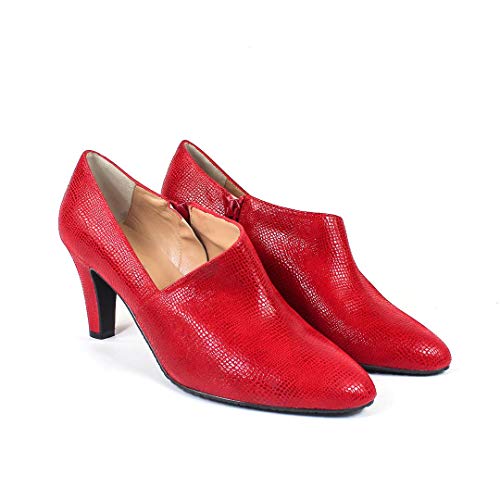 VOFICE - Botines Salones Abotinados Rojos de Vestir para Mujer en Piel - Tacon 7 cm - Hechos en España - Cierre Cremallera - Moda Tendencia Zapatos Elegantes Invierno - Grabado Lagarto - Rojo 38 EU