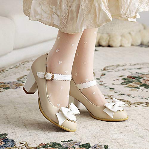 VulusValas Mujer Sweetie Mary Jane Zapatos Alto Tacón Ancho Pumps Hebilla Correa de Tobillo Zapatos Lazos Beige Size 38 Asiática