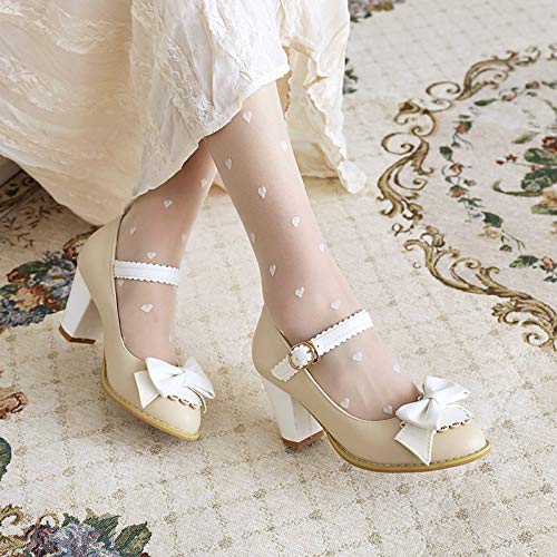 VulusValas Mujer Sweetie Mary Jane Zapatos Alto Tacón Ancho Pumps Hebilla Correa de Tobillo Zapatos Lazos Beige Size 38 Asiática