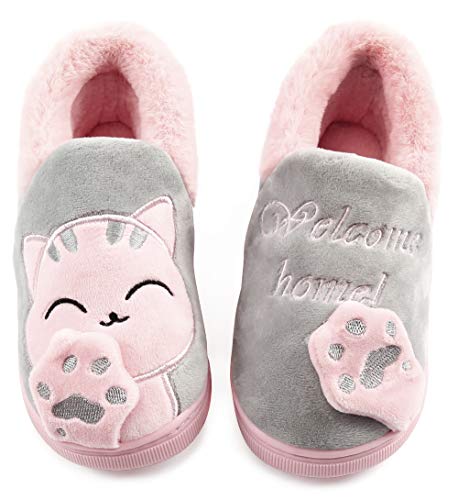 Vunavueya Mujer Zapatillas de Estar por Casa Hombre Zapatos Pantuflas Casa Invierno Interior Caliente Peluche Forradas Slippers Gris(Cat) 35/36 EU/36-37CN
