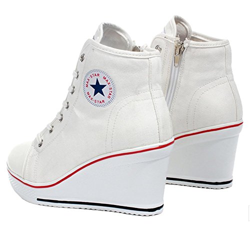 Wealsex Mujer Cuñas Zapatos De Lona High-Top Zapatos Casuales Encaje Talla Grande (Blanco,35)