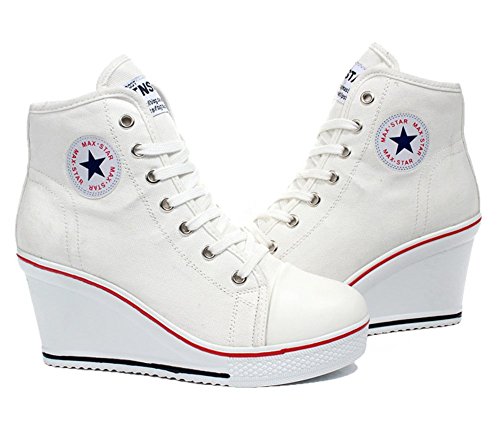 Wealsex Mujer Cuñas Zapatos De Lona High-Top Zapatos Casuales Encaje Talla Grande (Blanco,35)