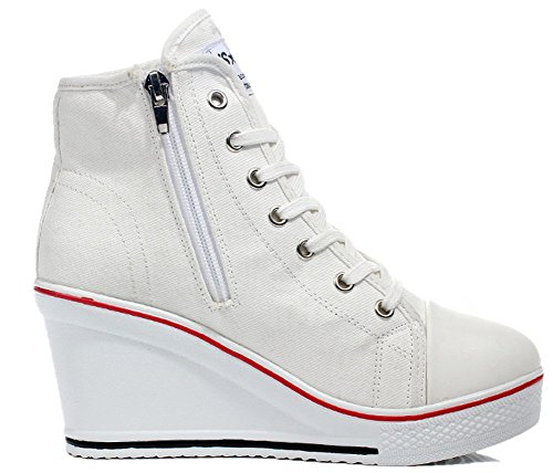 Wealsex Mujer Cuñas Zapatos De Lona High-Top Zapatos Casuales Encaje Talla Grande (Blanco,35)