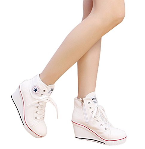 Wealsex Mujer Cuñas Zapatos De Lona High-Top Zapatos Casuales Encaje Talla Grande (Blanco,37)