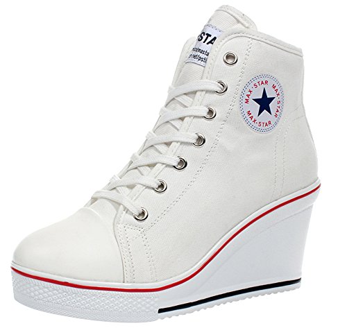 Wealsex Mujer Cuñas Zapatos De Lona High-Top Zapatos Casuales Encaje Talla Grande (Blanco,37)