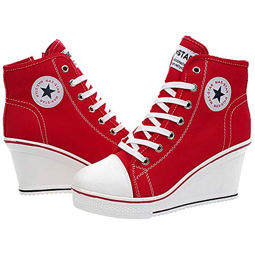 Wealsex Mujer Cuñas Zapatos De Lona High-Top Zapatos Casuales Encaje Talla Grande (Rojo,42)