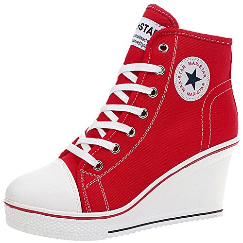 Wealsex Mujer Cuñas Zapatos De Lona High-Top Zapatos Casuales Encaje Talla Grande (Rojo,42)