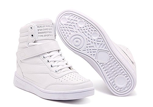 Wealsex Zapatillas de Cuña para Mujer Botas Botines Alta Zapatos Deportivos Oculto Talón Altura 3.5cm Interior Sneakers Blanco 38