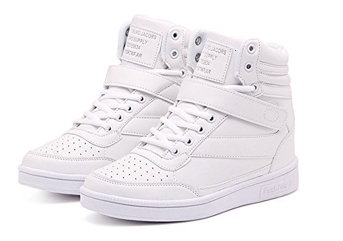 Wealsex Zapatillas de Cuña para Mujer Botas Botines Alta Zapatos Deportivos Oculto Talón Altura 3.5cm Interior Sneakers Blanco 40