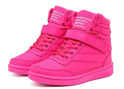 Wealsex Zapatillas de Cuña para Mujer Botas Botines Alta Zapatos Deportivos Oculto Talón Altura 3.5cm Interior Sneakers Rosa Roja 40