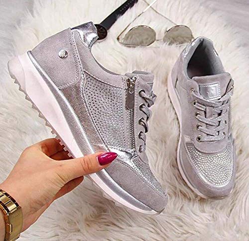 WODETIAN Mujer Zapatillas Casual Zapatos Casuales con Cordones De Moda Zapatos Deportivas Mujer Cremallera Cordones Antideslizantes Transpirable CóModo Zapatos Deportivas,Plata,39