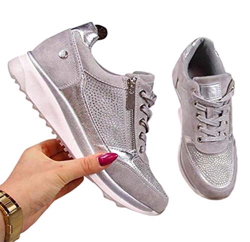 WODETIAN Mujer Zapatillas Casual Zapatos Casuales con Cordones De Moda Zapatos Deportivas Mujer Cremallera Cordones Antideslizantes Transpirable CóModo Zapatos Deportivas,Plata,39