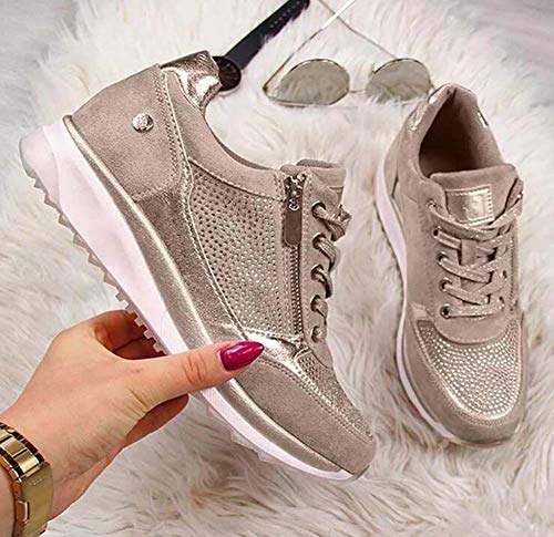 WODETIAN Sandalias de Vestir Zapatillas Deportivas de Mujer Moda Cremallera Cordones Zapatillas de Running Fitness Sneakers Casual Zapatos para Caminar,Plata,40