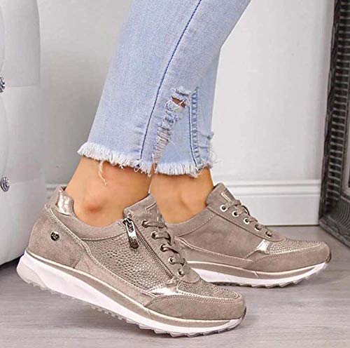 WODETIAN Sandalias de Vestir Zapatillas Deportivas de Mujer Moda Cremallera Cordones Zapatillas de Running Fitness Sneakers Casual Zapatos para Caminar,Plata,40