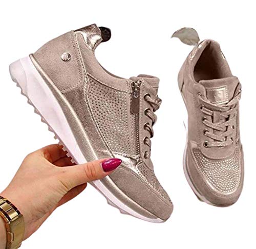 WODETIAN Sandalias de Vestir Zapatillas Deportivas de Mujer Moda Cremallera Cordones Zapatillas de Running Fitness Sneakers Casual Zapatos para Caminar,Plata,40