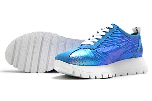 Wonders - Zapato Deportivo Casual, Sneakers con Cordones, Zapatillas cuña y Plataforma. Fabricado en Piel, para: Mujer Color: Pool Talla:39