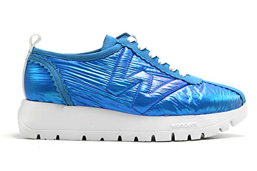 Wonders - Zapato Deportivo Casual, Sneakers con Cordones, Zapatillas cuña y Plataforma. Fabricado en Piel, para: Mujer Color: Pool Talla:39