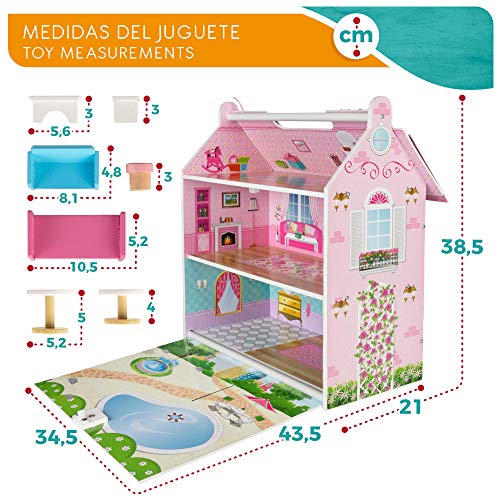 WOOMAX- Casa de Muñecas de Madera, Multicolor, 34 x 40 x 22 cm (Colorbaby 85295)